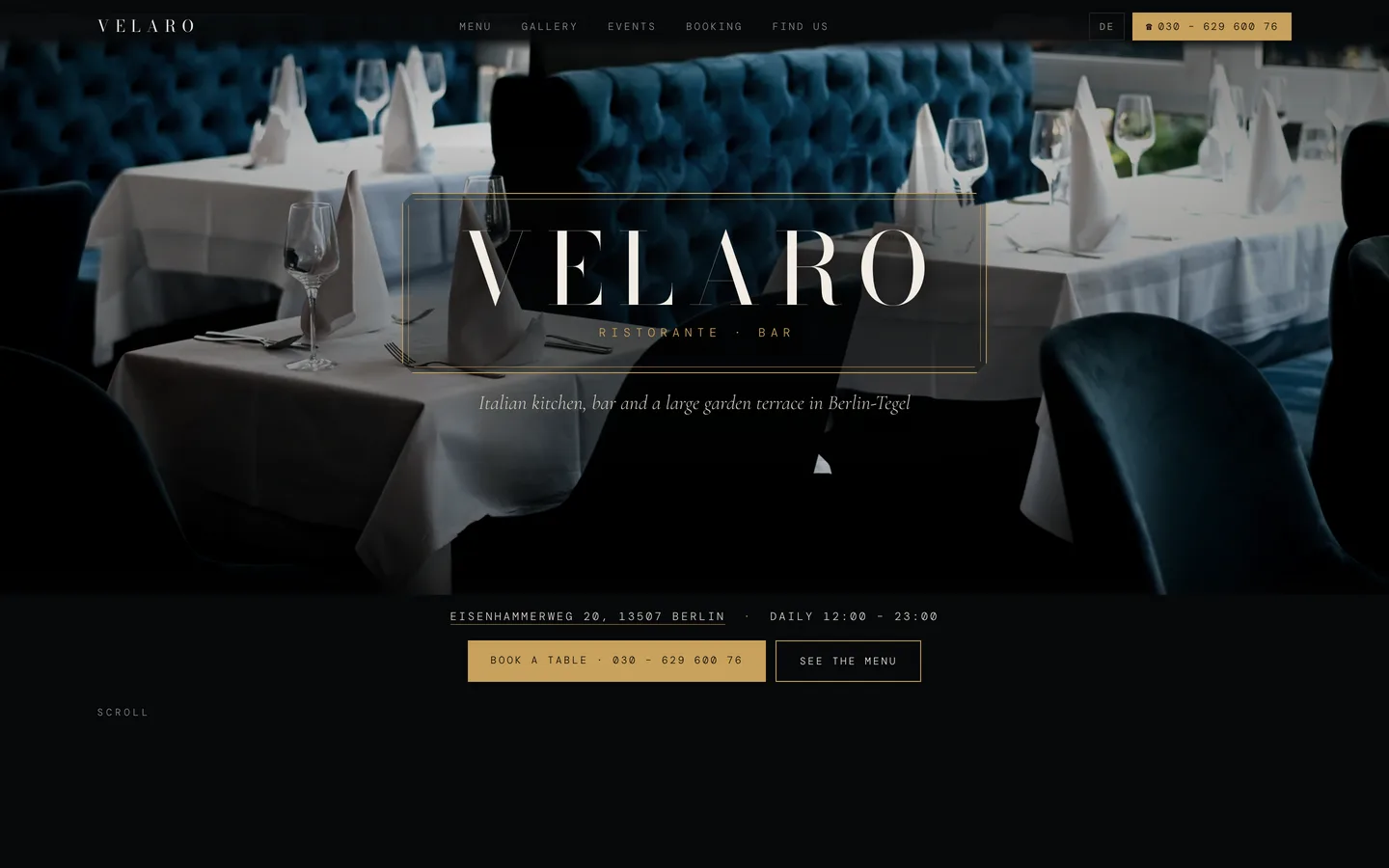 VELARO: der Titelscreen der Startseite